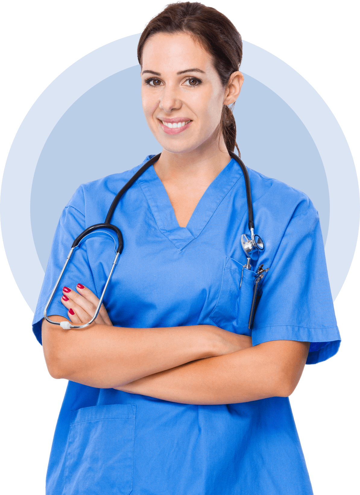 ddGroup 19 (1) A woman in blue scrubs and a stethoscope smiles, standing with arms crossed in front of a blue circle background.